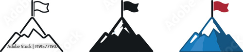 Aspirational milestone concept shown as a flag planted on a mountain peak silhouette with clear pole and waving banner visible;