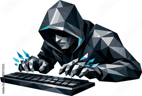 Low-poly vector illustration of a hacker preparing for high-speed typing, hunched angular posture with shoulders forward and