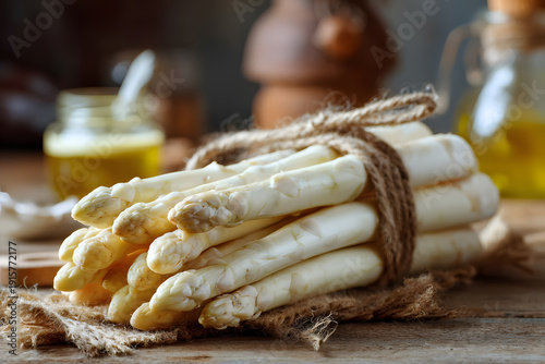 Fresh white asparagus bundle on rustic table