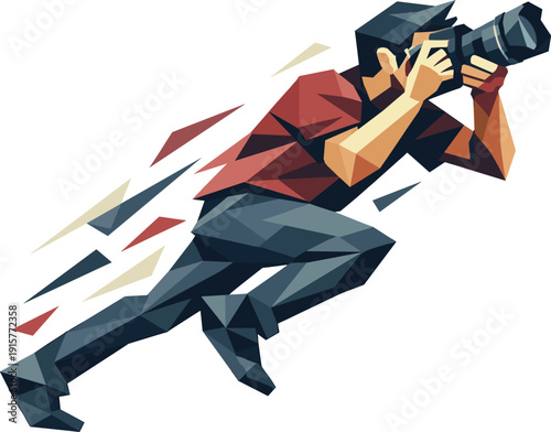 Low-poly vector illustration of a photographer accelerating into the camera snap, dynamic diagonal composition with the camera