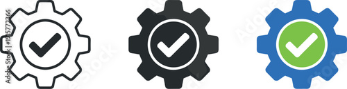Stable build outcome represented by a gear icon with a single check mark inside, identical form shown three times in a horizontal