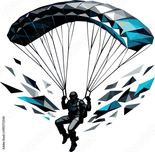 Low-poly vector illustration of a parachutist stabilizing into a controlled descent, canopy fully formed in a bold angular arc