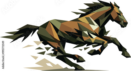 Low-poly vector illustration of a horse mid-gallop under peak tension, extreme angular silhouette with hooves off the ground and