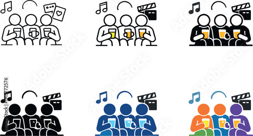Group entertainment icon depicting people sitting together with drinks and entertainment symbols, representing social leisure
