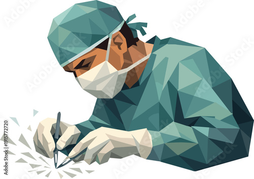 Polygonal Surgeon Precision. Low-poly vector illustration of a surgeon performing a precise controlled movement, single medical