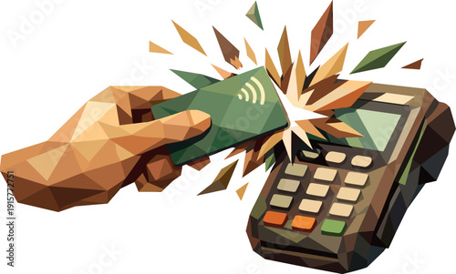 Low-poly vector illustration of a payment tap shock, clear literal hero depiction of a contactless card or device striking a