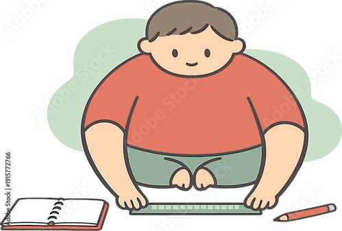 Minimalist Desk Scene. Soft person sits placing a ruler parallel to page edges while a notebook and pencil remain neatly arranged