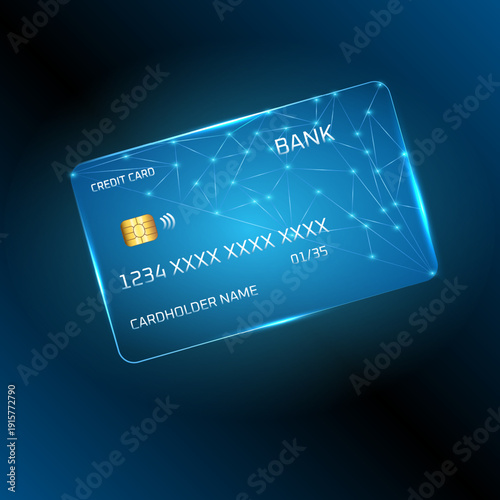 Transparent blue credit card with digital network overlay, featuring chip and contactless payment symbol on dark background.