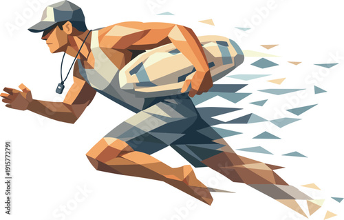 Low-poly vector illustration of a lifeguard sustaining a controlled rescue dash, streamlined angular posture with focused forward