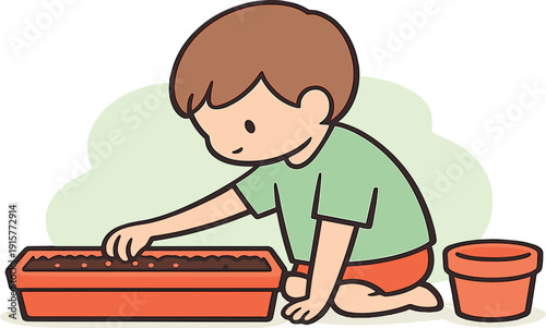 Quiet child kneels by a window box, pressing small seeds into soil while light comes through glass and a pot rests nearby waiting