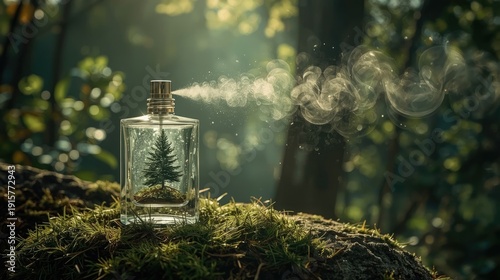 Surrealist concept of a perfume bottle with a pine forest inside spraying a mist of green leaves in a sunlit woods