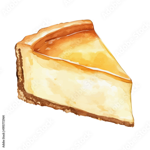 Basque Cheesecake A Beautifully Detailed, watercolor painting capturing graceful lines and soft blended shades, isolated on a white background.
