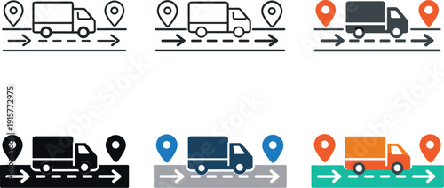 Cargo logistics system icon showing a delivery truck on a road with arrows and location markers, representing transportation,