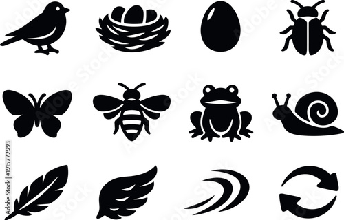 Solid vector icons of ecosystem awakening: bird, nest, egg, insect, butterfly, bee, frog, snail, feather, wing, motion, return,