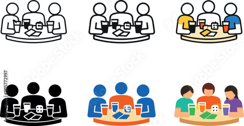 Community leisure icon showing a group of people around a table with drinks and games, representing social interaction,