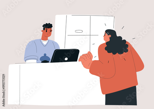 Cartoon vector illustration of a woman at a clinic reception desk talking to an administrator, concept of healthcare, medical service, and consultation
