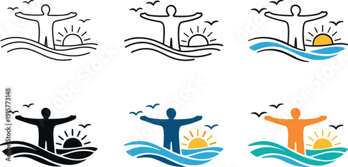 Freedom lifestyle symbol showing a human figure with open arms facing an open horizon with flowing lines, birds, and a sun