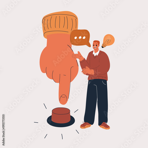 Cartoon vector illustration of a man speaking to a giant hand pressing a button, with a speech bubble and flying light bulb, concept of ideas, communication, and influence