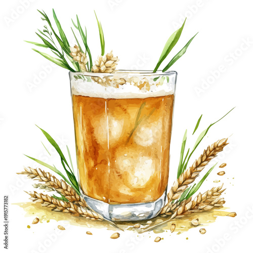 Barley Tea Mugicha A Beautifully Detailed, watercolor painting capturing graceful lines and soft blended shades, isolated on a white background.