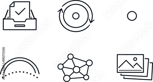 Collection of six simple line icons representing data, process, and media concepts