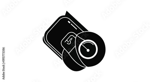 Black and white camera icon with lock on lens, symbolizing security and photography, on clean white background