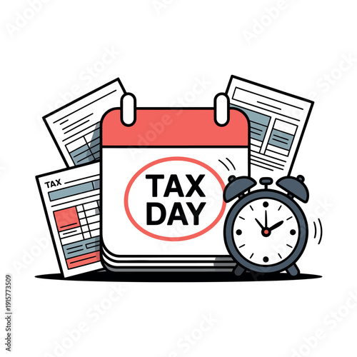 A cartoon illustration of a calendar with Tax Day written on it surrounded by papers and an alarm clock.