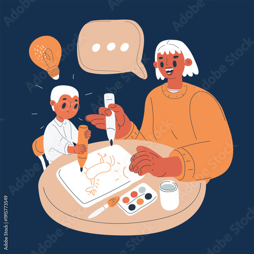 Cartoon vector illustration of a woman and a little boy drawing a picture at a table, concept of creativity, learning, and family activity
