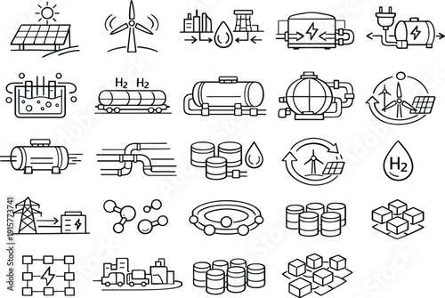 Green Hydrogen Icons. Line vector icons of green energy stored as compressed hydrogen: solar shapes, turbine arcs, surplus stems,