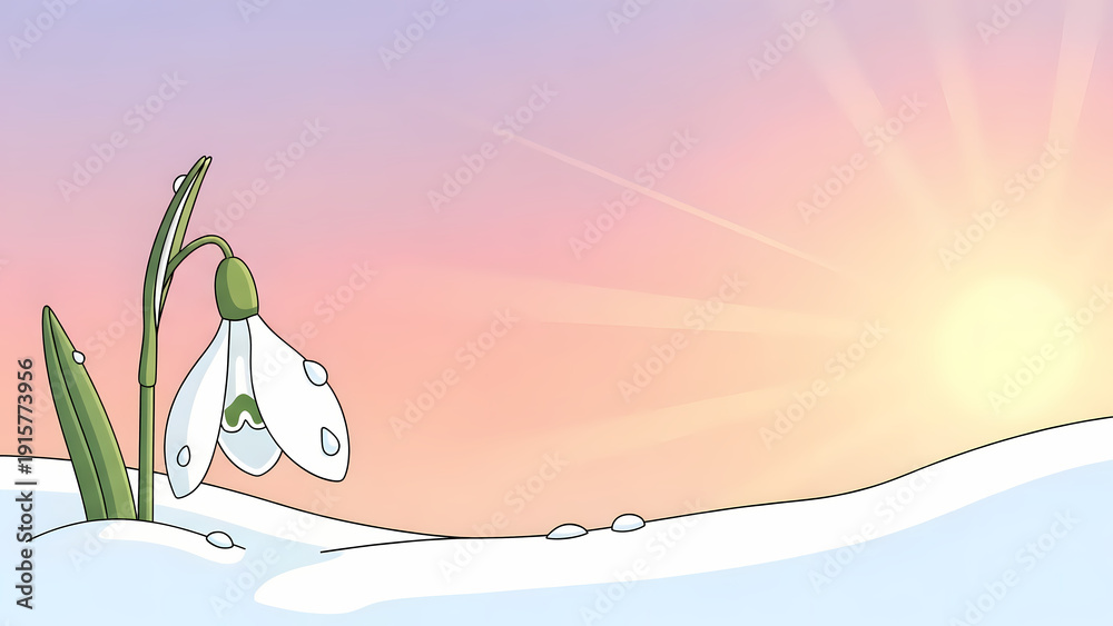 Fototapeta premium Cute cartoon snowdrop flower with dew drops emerging from melting snow at dawn against a vibrant pastel sunrise for new beginning concept and spring awakening