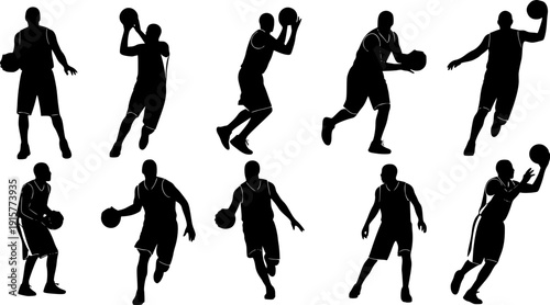 Vector set of Basketball players silhouettes, Basketball silhouettes white background