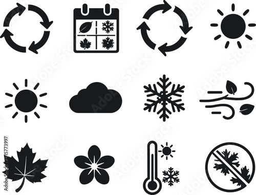 Solid vector icons of seasonal change: cycle, calendar, arrow, transition, sun, cloud, snowflake, leaf, flower, wind, rain,