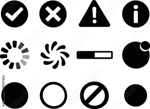 Solid vector icons of UI status: successcheck, errorcross, warningtriangle, infocircle, loading, spinner, progressbar, alertbadge