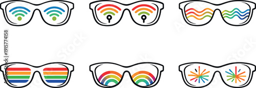 Line vector icons of glasses that let you see Wi-Fi signals as colored waves (colorized signal view): eyewear shape, Wi-Fi node,