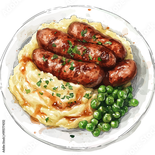 Bangers And Mash A Beautifully Detailed, watercolor artwork with bold brush accents and dynamic composition, isolated on a white background.