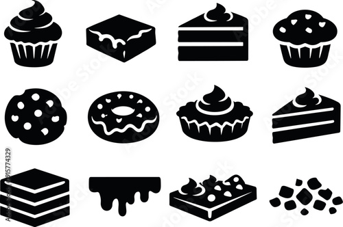 Solid vector icons of chocolate desserts: cupcake, brownie, cake, muffin, cookie, donut, tart, slice, layer, frosting, topping,