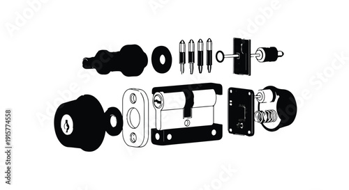 Disassembled lock parts and tools for repair and maintenance on a white background, flat lay, hardware and locksmithing concept