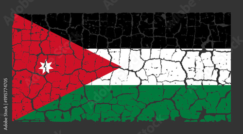 Illustration of the national flag of Jordan painted on a cracked wall. Grunge distressed style background with official Jordanian black, white, and green stripes with red chevron and star.