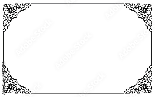 Black and white vintage decorative border frame with ornate scrollwork on the four rounded corners illustration design on white background.