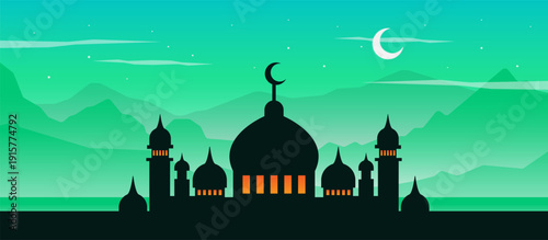Elegant Islamic festive vector background for Ramadan and Eid celebrations with decorative crescent, lantern elements, and modern design layout for greeting cards, social media campaigns, and banners