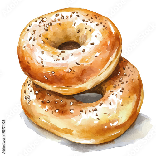 Bagels A Beautifully Detailed, watercolor painting capturing graceful lines and soft blended shades, isolated on a white background.