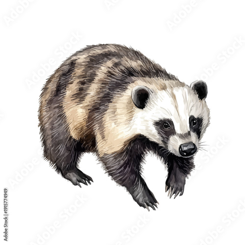 Badger A Beautifully Detailed, watercolor painting capturing graceful lines and soft blended shades, isolated on a white background.