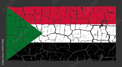 Illustration of the national flag of Sudan painted on a cracked wall. Grunge distressed style background with official Sudanese red, white, and black stripes with green