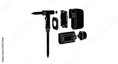 Disassembled drill parts and accessories on white background, including battery, charger, and bits, for DIY, repair, and hardware concepts