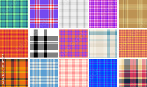 Festive plaid pack created for seasonal campaigns. Coordinated tartan designs suit holiday packaging and marketing. Seamless vectors maintain continuity.