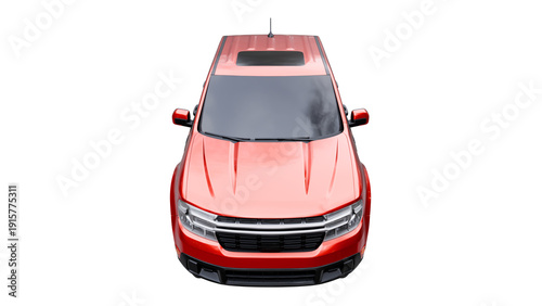 Modern compact red crew cab pickup truck of model year for lifestyle and utility with all wheel drive system versatile light commercial vehicle on white background isolated 3d rendering.