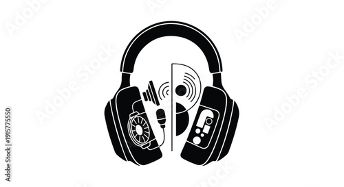 Black and white illustration of vintage headphones with vinyl record and sound waves music audio technology concept