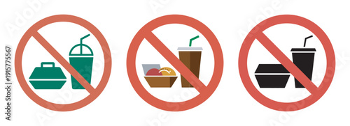 Prohibited eating and drinking icons with takeout box and soda cups
