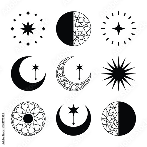 Intricate and diverse celestial patterns and designs with stars and crescent moons isolated on white background, Vector