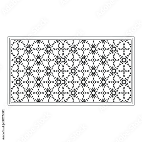 Intricate geometric pattern with symmetrical shapes and interconnected lines forming a complex design isolated on white background, Vector