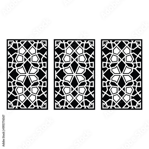 Intricate black and white geometric patterns on three rectangular panels isolated on white background, Vector